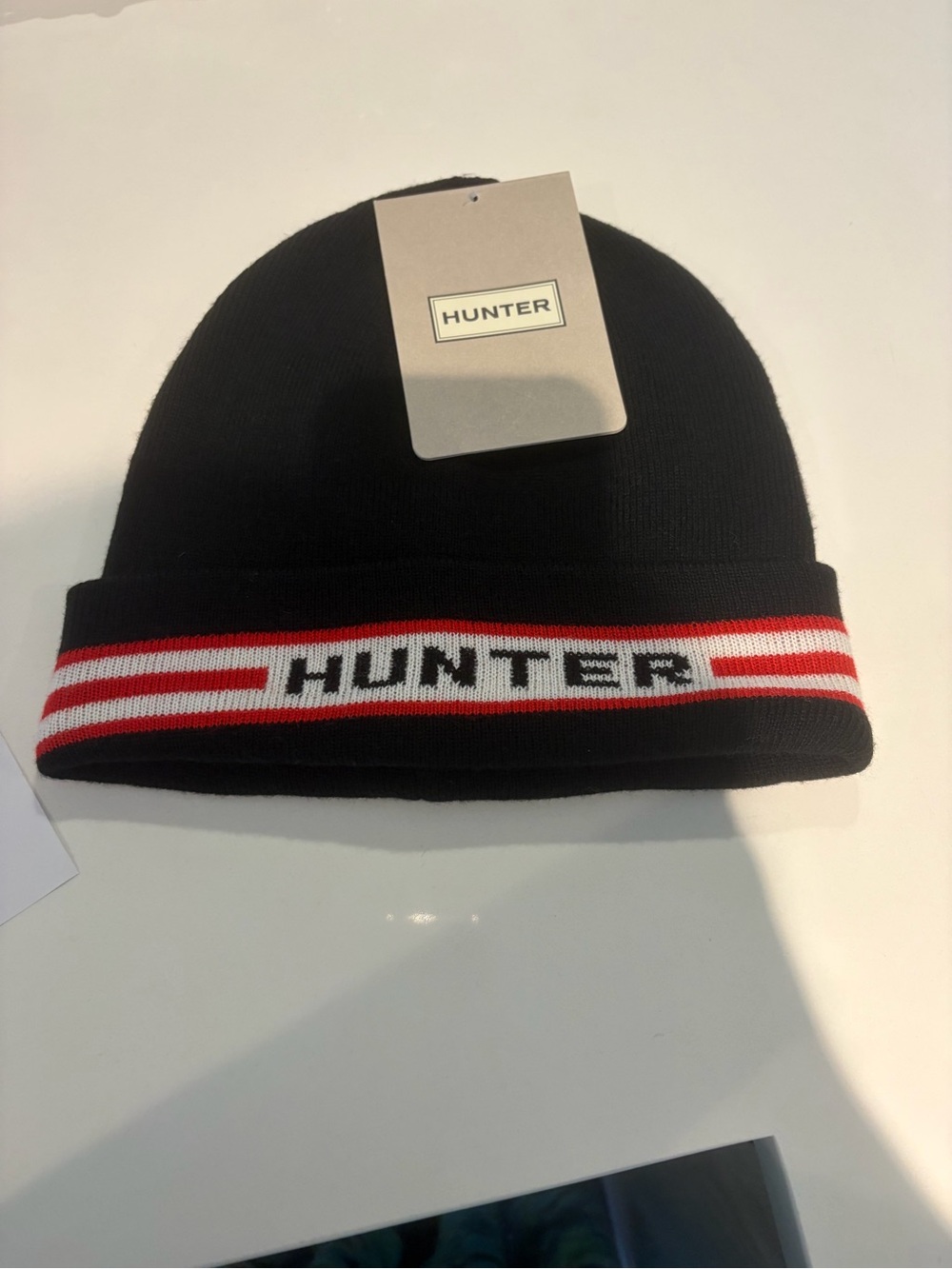 Hunter Black Knit Beanie with Stripe Accent